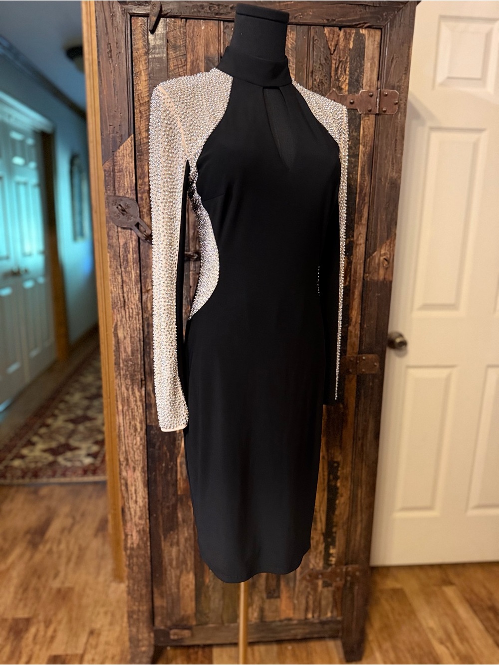 Xscape Black Rhinestone Beaded Illusion Sleeve bodycon bandage Cocktail Dress 4